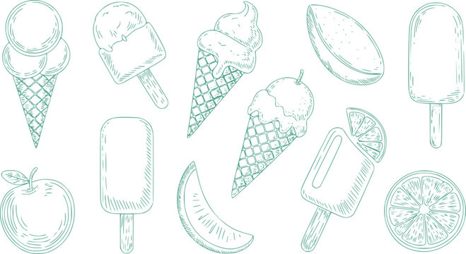 Hand drawn teal ice cream cones popsicles and fruit slices