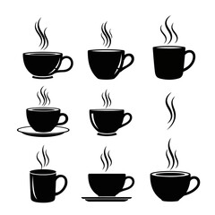 Obraz premium Elegant black and white vector illustration featuring an assortment of coffee and tea cups with steaming aromas perfect for cafe menu design and beverage related projects