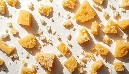 A close-up view of crumbled cheese on a white surface with natural light casting shadows