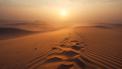 Cinematic landscape of a vast Arabian desert at dawn