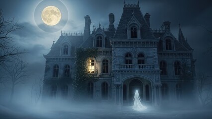 Mysterious ghostly figure outside haunted mansion at night