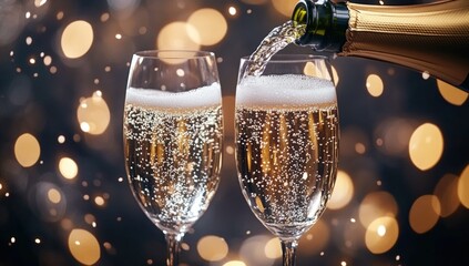 Two sparkling champagne flutes are filled as bubbles rise, set against a blurred background of festive lights, evoking celebration and joy.