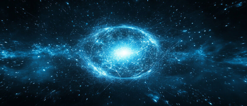 The dynamic visualisation of a glowing cosmic network against a dark space conveys a futuristic atmosphere — an excellent digital backdrop for technological presentations. - Powered by Adobe