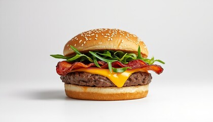 A juicy beef burger with melted cheese and crispy bacon on a sesame seed bun