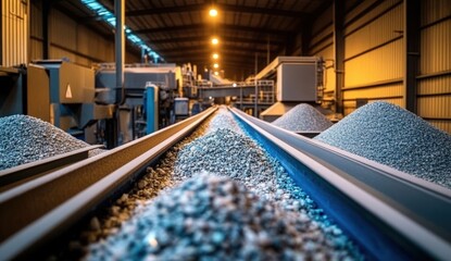 A view of a gravel processing facility, showcasing piles of gravel along tracks, illuminated by overhead lights in an industrial setting.