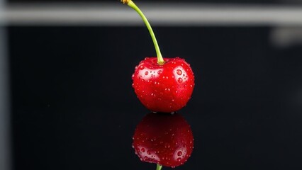 Fresh cherry with water droplets on black background