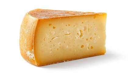 A wedge of cheese with a golden crust and creamy interior on a white background