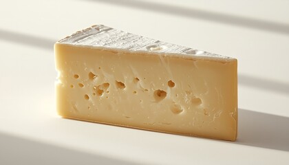 A wedge of cheese with holes sits on a white surface in natural light