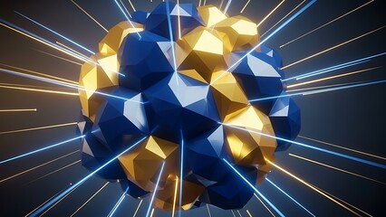 Abstract geometric sphere made of blue and gold low poly facets with radiating light rays on a dark background
