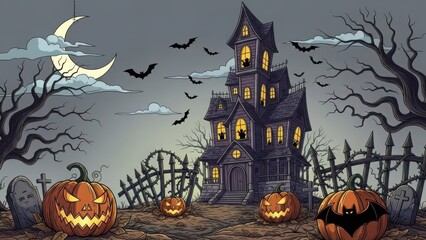 Spooky halloween night with haunted house and pumpkins