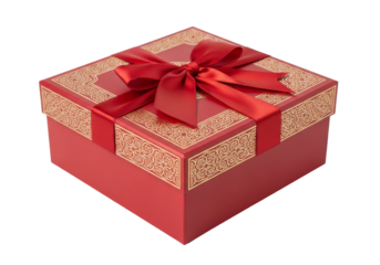 Elegant red gift box with gold pattern and satin ribbon