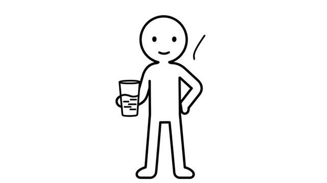 Simple stick figure animation illustrating the crucial process of a person quenching their thirst by drinking cool, refreshing water from a clear glass on a plain white background