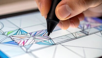 Close Up Of Hand Holding Stylus Drawing Geometric Patterns With Colorful Fills On Digital Tablet Screen