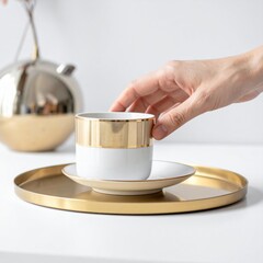 Hand holding elegant white and gold coffee cup with saucer on metal tray bright studio lighting elegant home decor