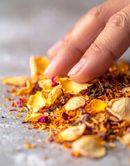 Close Up Of A Hand Gently Touching Dried Orange And Pink Flower Petals And Herbs On A Textured Gray Surface