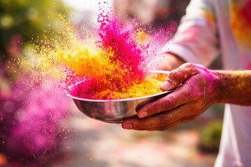 Colorful celebration of holi with vibrant pink and yellow powder exploding in hands