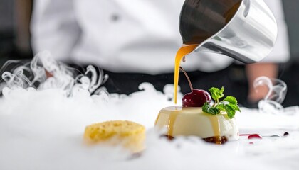 Chef Garnishing Dessert With Caramel Sauce And Cherry With Dry Ice Smoke Effect In A Restaurant Kitchen