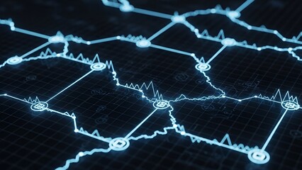 Abstract network visualization with glowing connections and data representation on grid