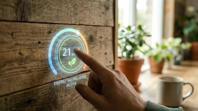 future ready tech environment concept. Interactive energy display on wooden wall with plants and a coffee cup nearby.