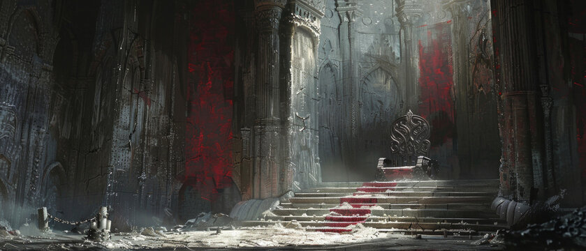 A dark throne room with crumbling columns and bloody footprints symbolises decay and chaos &mdash; perfect as a gloomy backdrop for fantasy games or post-apocalyptic posters.