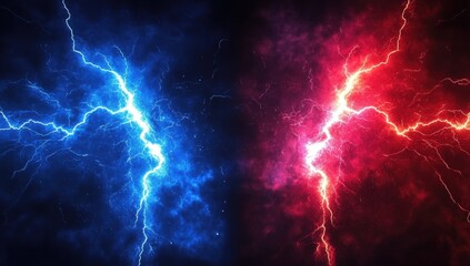 A vibrant image showcasing contrasting blue and red lightning bolts against a dark background, creating a dramatic and electrifying atmosphere.