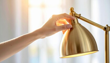 Warm Sunlight Illuminates Golden Desk Lamp As Hand Adjusts Light During Golden Hour Creating Cozy Ambiance