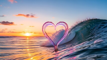 A heart shaped wave at sunset on a serene ocean beach with vibrant colors