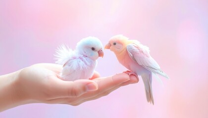 Gentle Pink and Blue Pastel Sky Soft Focus Background Two Tiny Birds Perched on Open Palm Gentle Lighting Dreamy Atmosphere