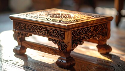 Ornate Wooden Table with Intricate Carvings Illuminated by Warm Sunlight Detailed Craftsmanship
