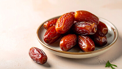 Delicious sweet dried dates on a small plate and a single date next to it. Healthy, natural, and nutritious fruit, perfect for snacking, cooking, or Ramadan Iftar.