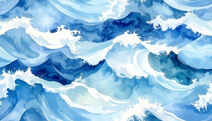 Abstract Watercolor Ocean Waves in Blue and White with Layered Flow and Textured Brushwork