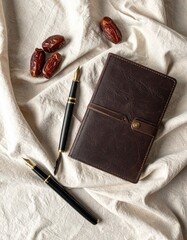 Elegant Dark Brown Leather Journal with Golden Accents and Two Black Fountain Pens on a Textured White Fabric Surface with Scattered Dried Dates Offering a Sophisticated Writing or Planning Aesthetic