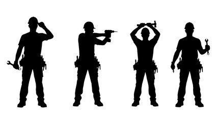 Four silhouettes of construction workers or handymen wearing hard hats and tool belts, holding various tools like wrenches, a power drill, and a hammer.