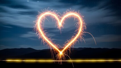 A heart shaped sparkler against a dark landscape with mountains and a cloudy sky at dusk or dawn