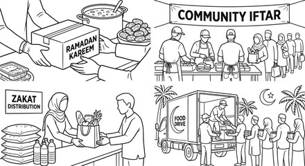 Volunteers distributing food boxes during Ramadan vector illustration