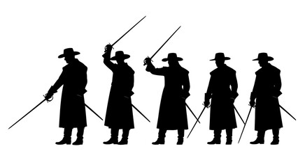 Silhouettes of a man in a long coat and hat, holding a sword in various fencing poses.