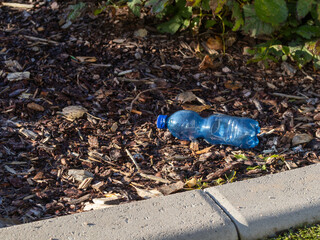 Discarded blue plastic bottle on brown mulch and concrete curb, surrounded by plants and dry leaves. Highlights plastic waste, littering, and environmental pollution outdoors
