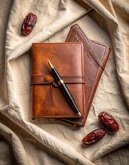 Rustic Leather Notebook and Pen with Dried Dates on Textured Fabric Background Warm Lighting