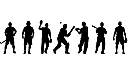 Fototapeta premium Black silhouettes of diverse athletes engaged in various sports activities including cricket, baseball, and hockey on a white background.