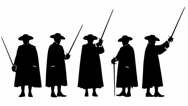 Silhouettes of five historical figures in cloaks and hats, holding swords or rapiers, on a white background.