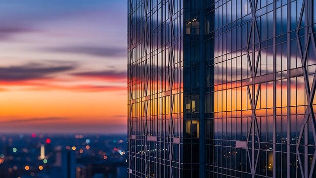 Modern glass skyscraper reflecting a vivid orange and purple sunset over a city skyline at twilight, architectural detail