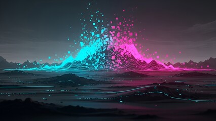 Cybernetic terrain a digital horizon landscape with data stream mountains and glowing cityscapes