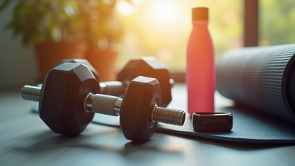 Gym equipment close-up with dumbbells, yoga mat, water bottle, fitness tracker, morning sunlight, motivational workout concept, energetic vibe, health lifestyle theme