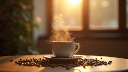 Steaming coffee cup on wooden table with beans scattered, morning light streaming through window, cozy cafe atmosphere, warm brown tones