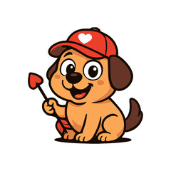A cute cartoon puppy wearing a red hat and holding a heart-tipped cupid arrow