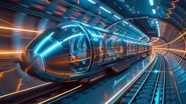 A train moves quickly through a tunnel with bright lights and a sleek design. The inside of the tunnel shows a blend of colors and patterns. This scene captures the speed of modern travel