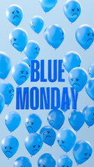 Fototapeta na wymiar Blue balloons featuring sad facial expressions surrounds the bold BLUE MONDAY text, floating against a pale blue background symbolizing unhappy mood or emotional sadness