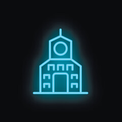Blue neon sign depicting a building with a clock tower, suitable for tourism or travel themes © ylivdesign