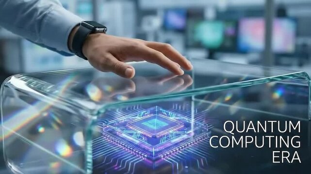 future ready tech environment concept. Innovative hand interaction with a transparent quantum computing device.