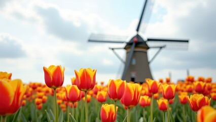 Traditional wooden windmill in tulip field, spinning blades against cloudy sky, Dutch countryside landscape, renewable energy heritage, rural architecture, pastoral scene